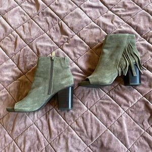 Olive open toed booties with fringe detailing